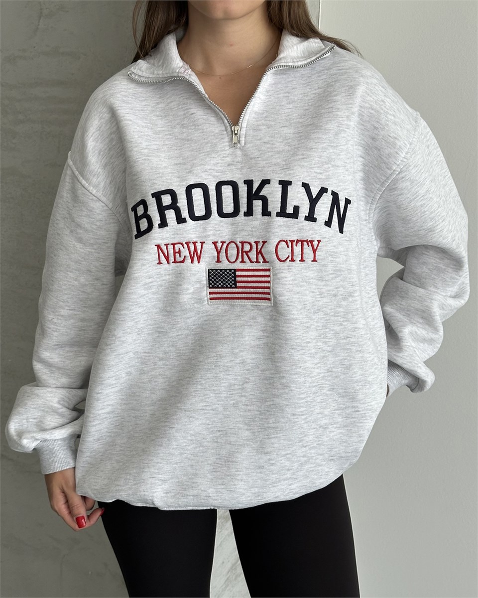 Brooklyn Nakışlı Fermuar Yaka Melanj Sweatshirt