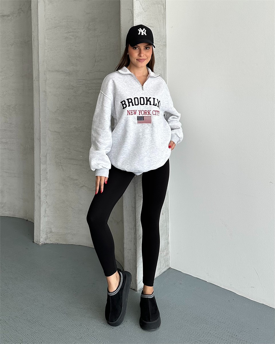 Brooklyn Nakışlı Fermuar Yaka Melanj Sweatshirt