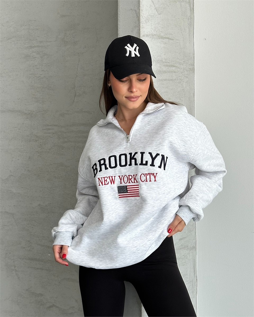 Brooklyn Nakışlı Fermuar Yaka Melanj Sweatshirt