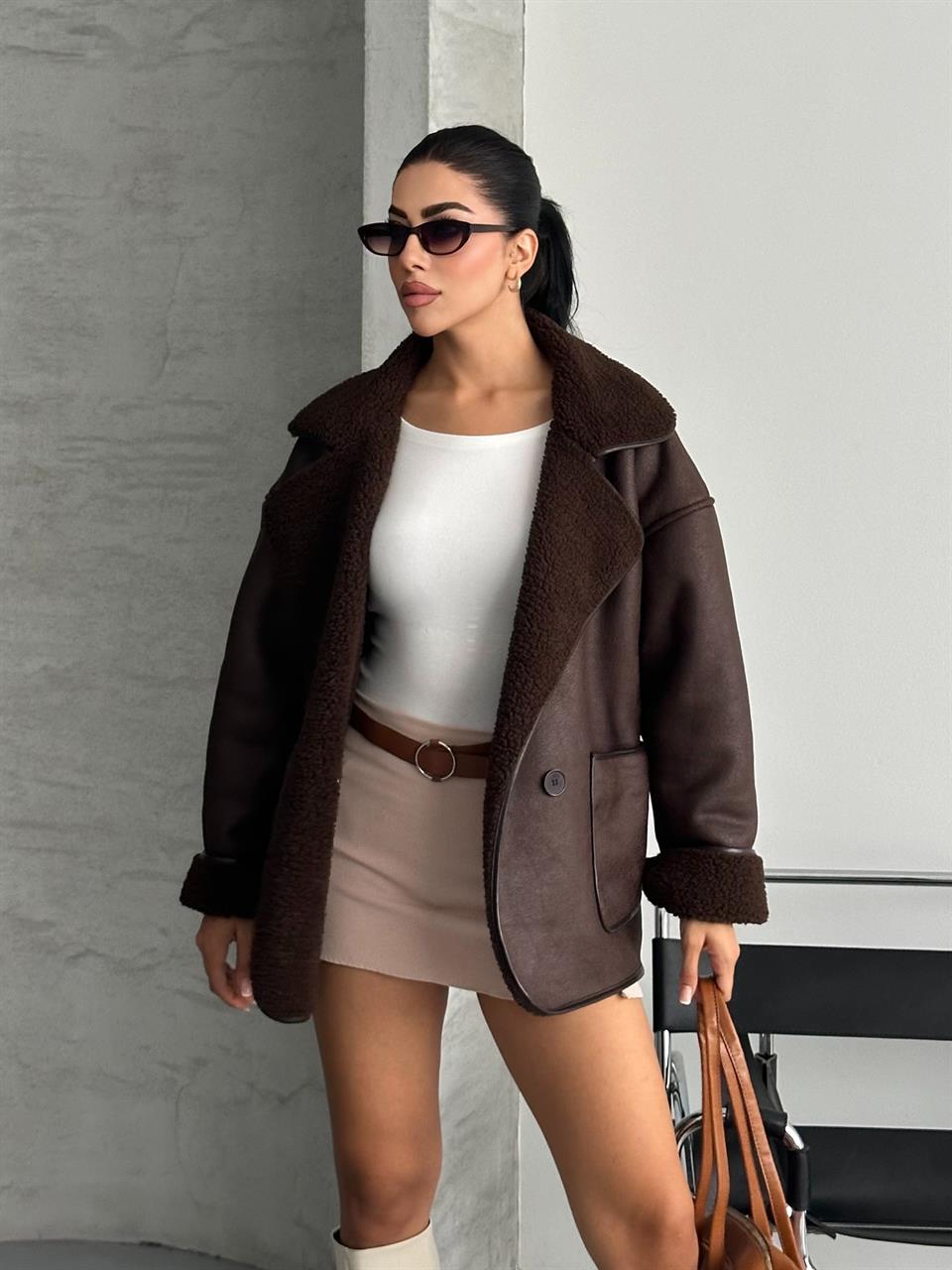 Büyük Cepli Casual Kahverengi Deri Ceket