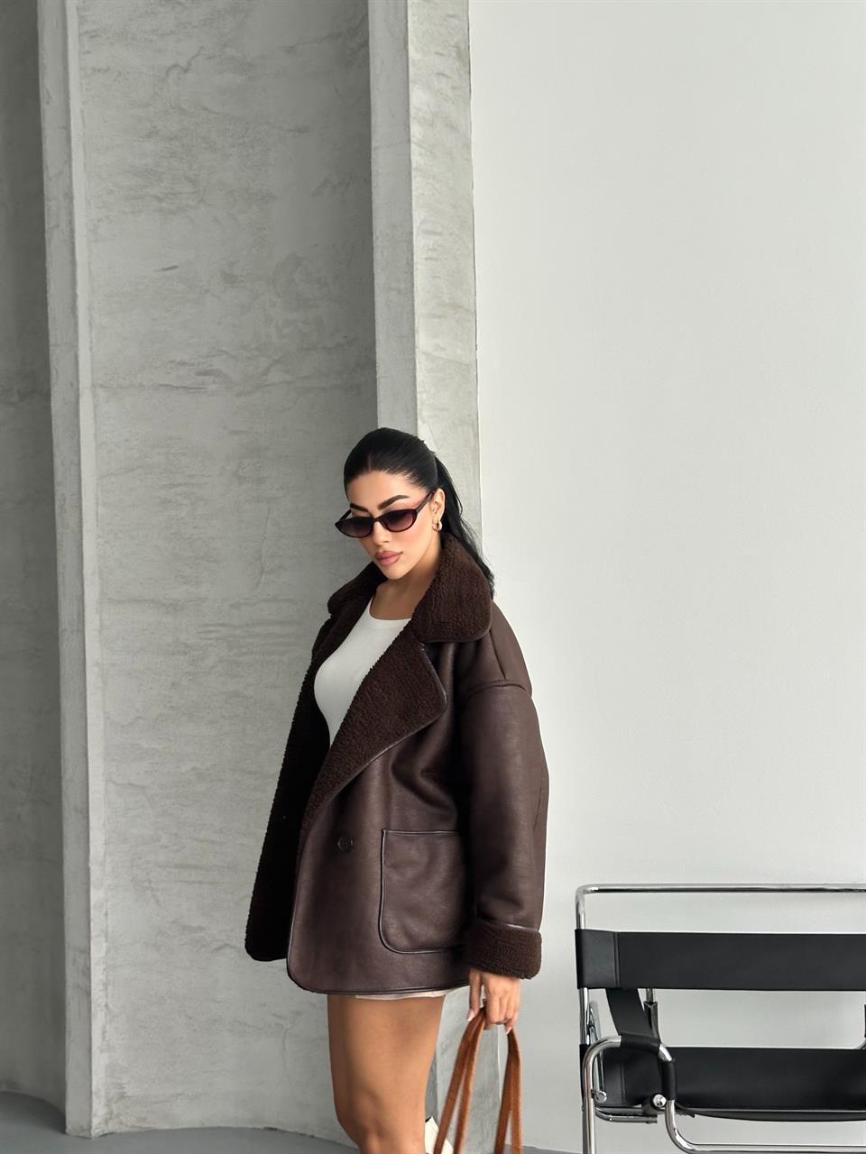 Büyük Cepli Casual Kahverengi Deri Ceket