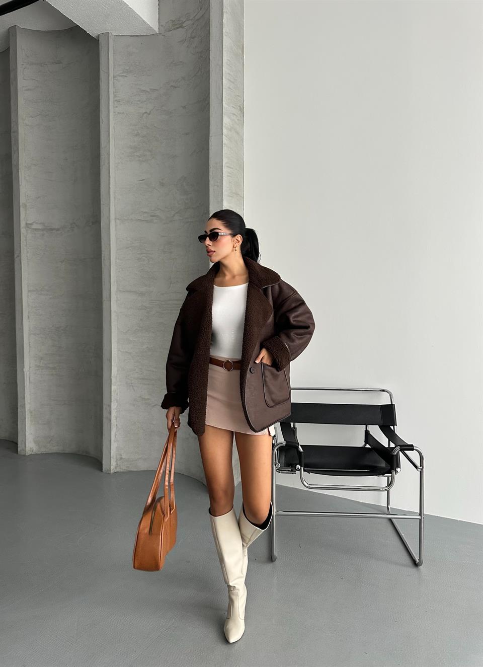 Büyük Cepli Casual Kahverengi Deri Ceket