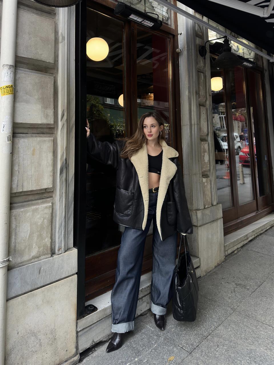 Büyük Cepli Casual Siyah Deri Ceket