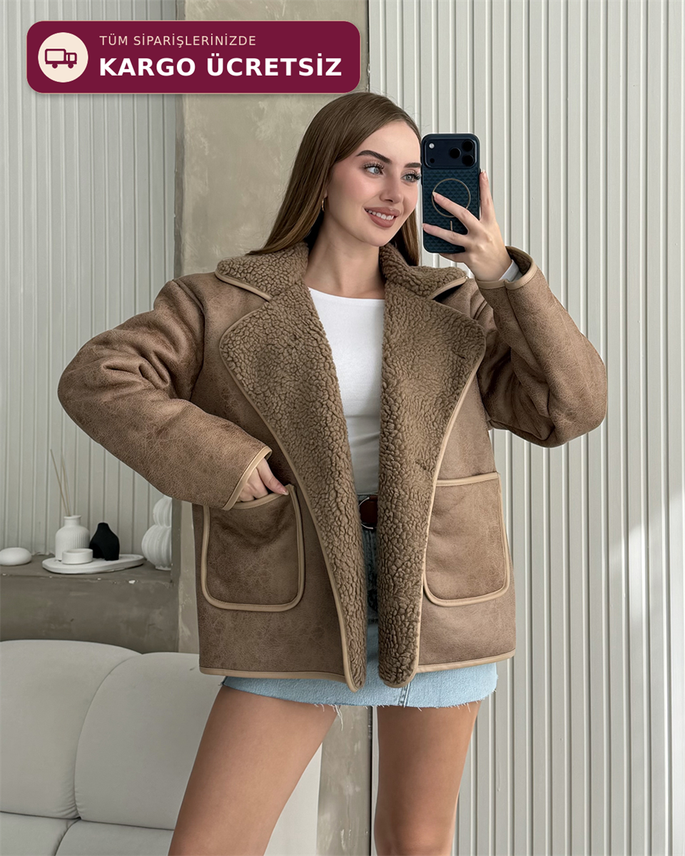 Büyük Cepli Casual Taba Deri Ceket