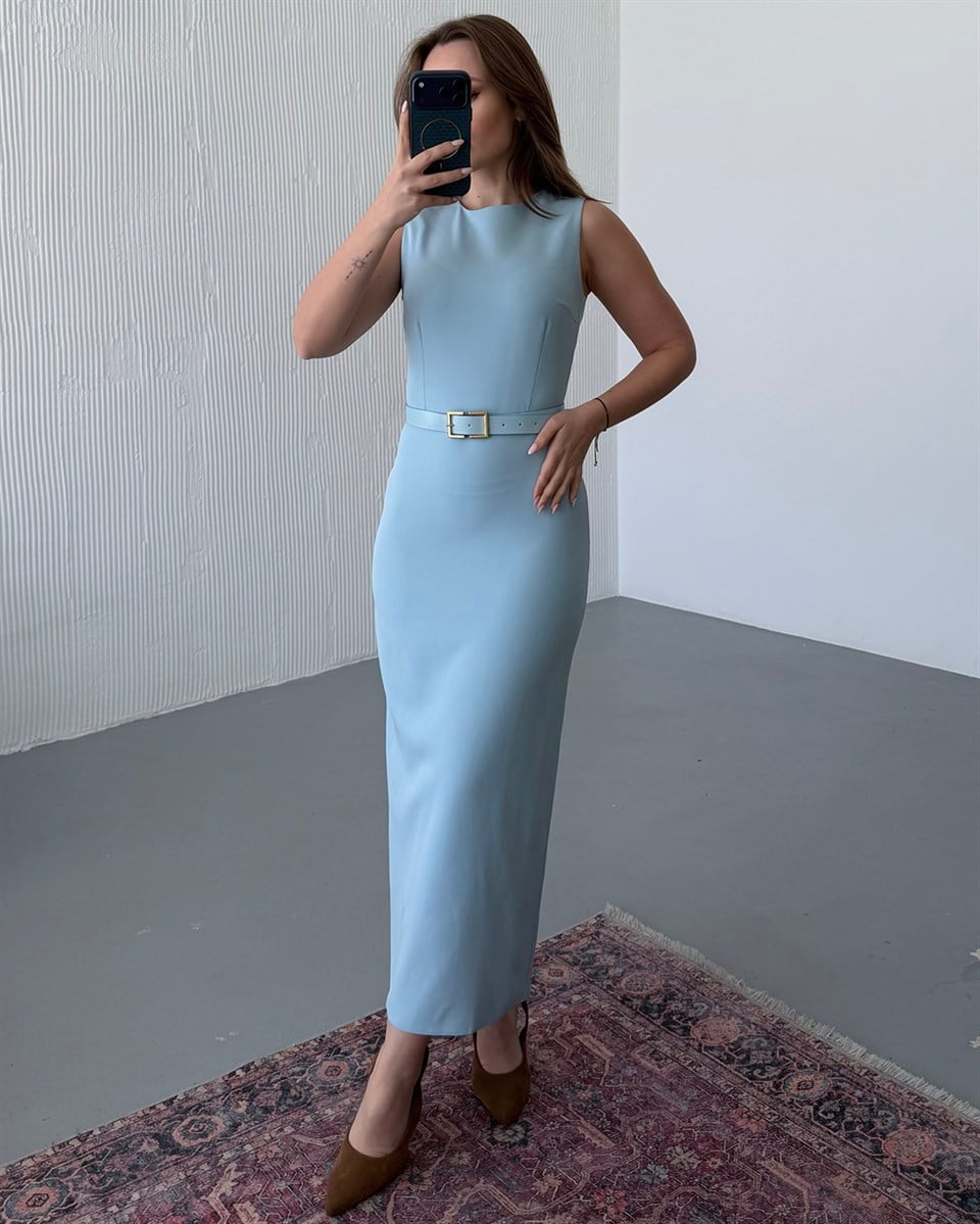 Buz Mavi Kalem Midi Elbise