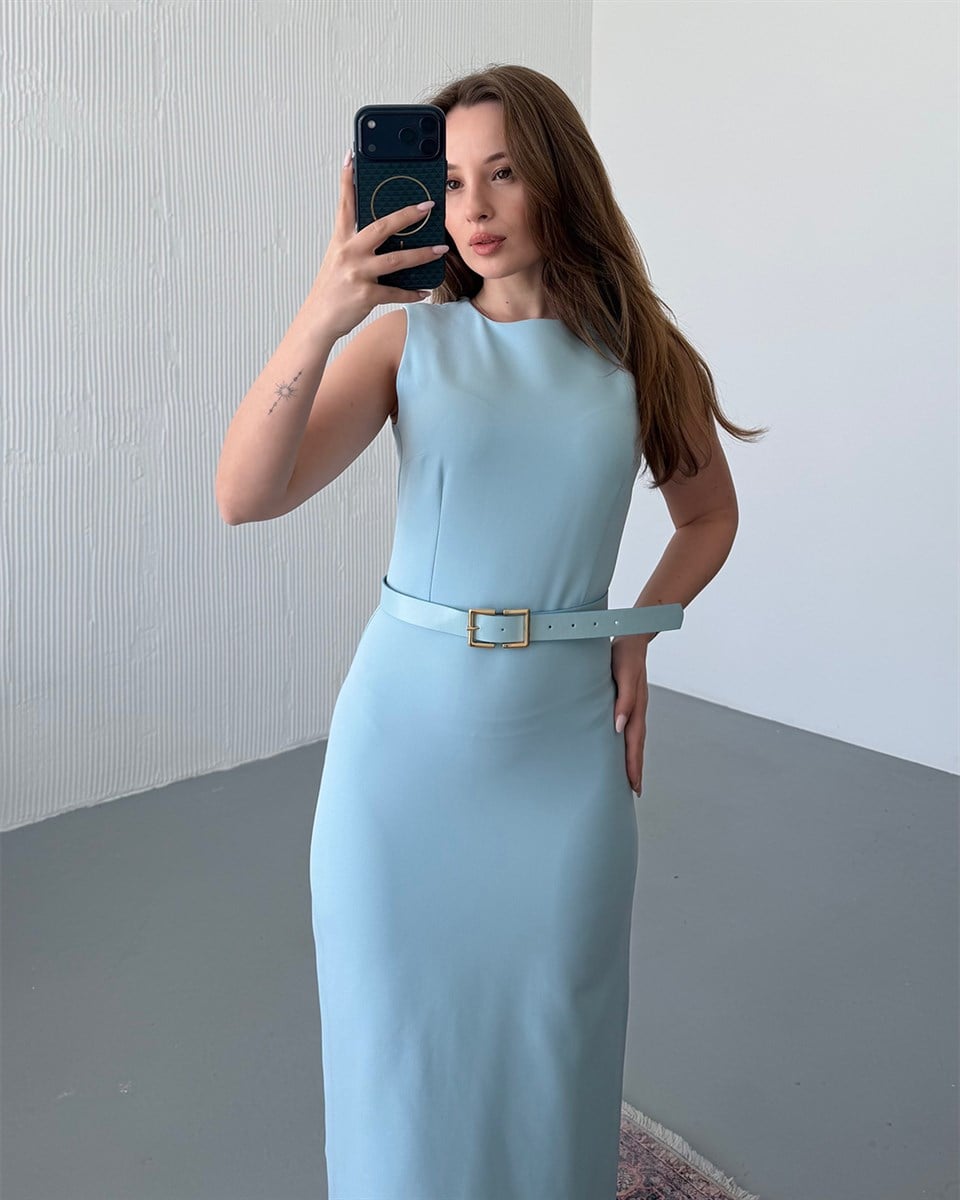 Buz Mavi Kalem Midi Elbise