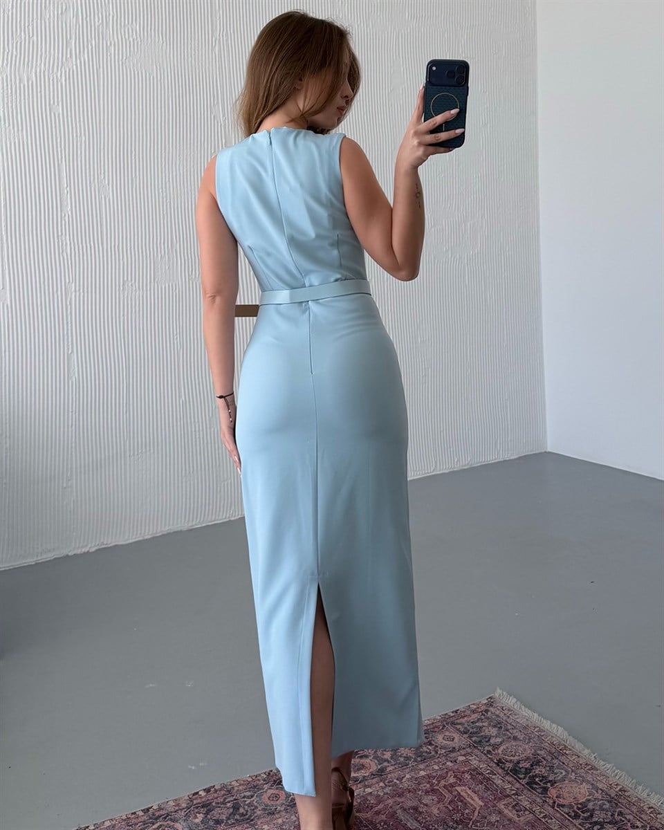 Buz Mavi Kalem Midi Elbise