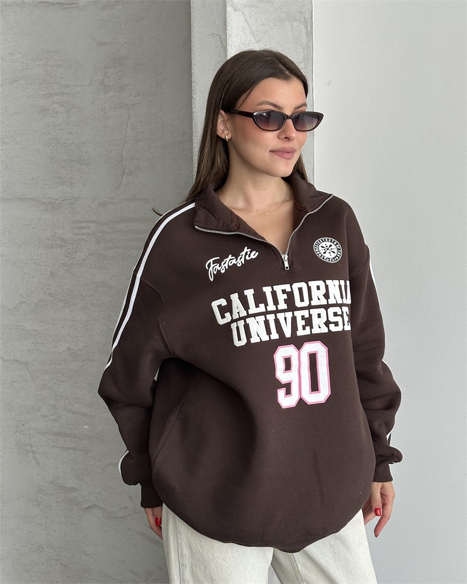 California Baskılı Şeritli Kahverengi Sweatshirt