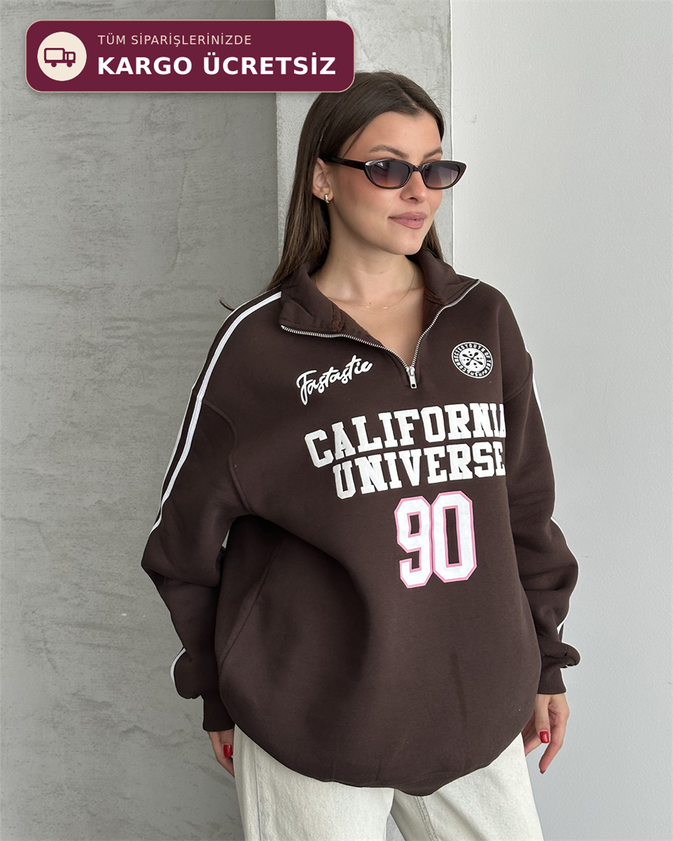California Baskılı Şeritli Kahverengi Sweatshirt