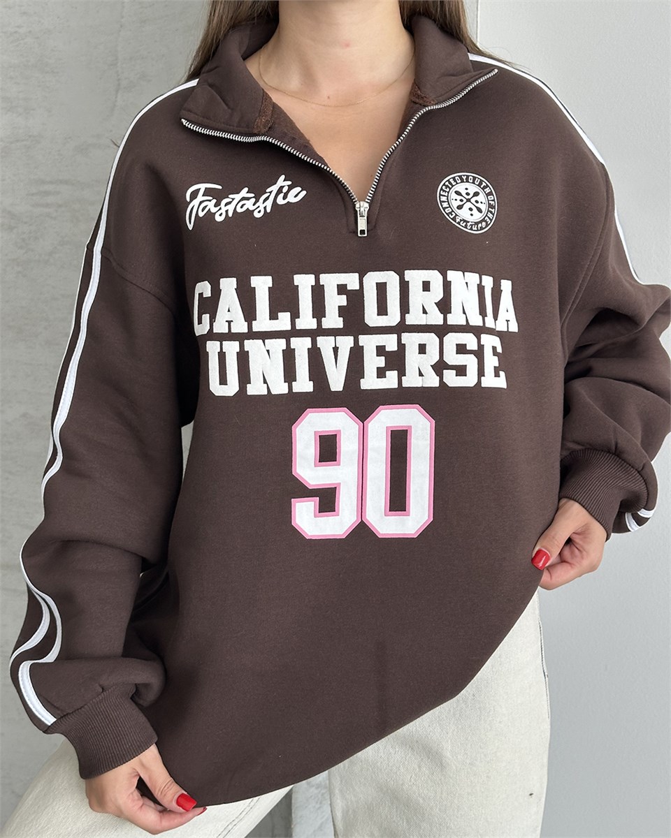 California Baskılı Şeritli Kahverengi Sweatshirt