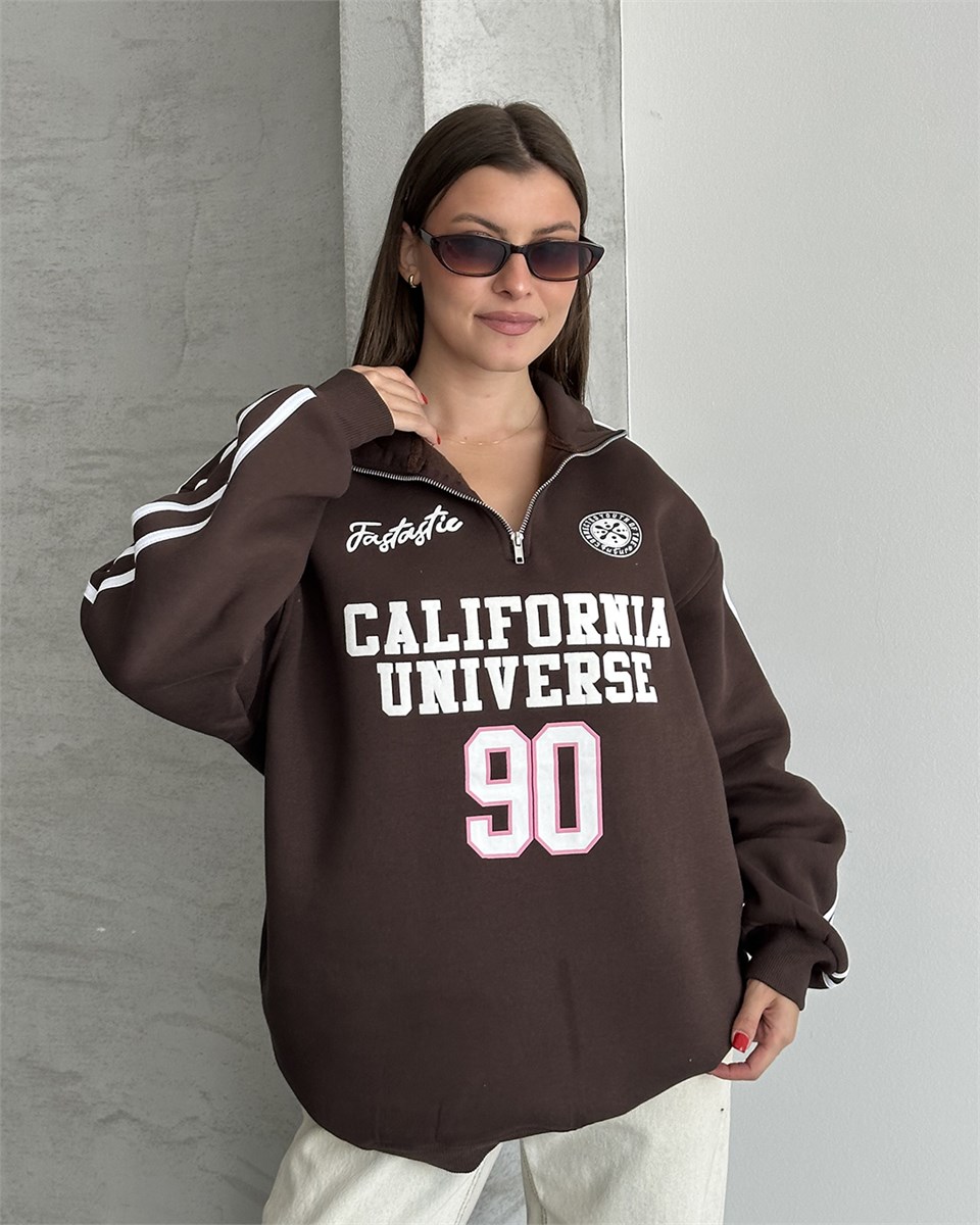 California Baskılı Şeritli Kahverengi Sweatshirt