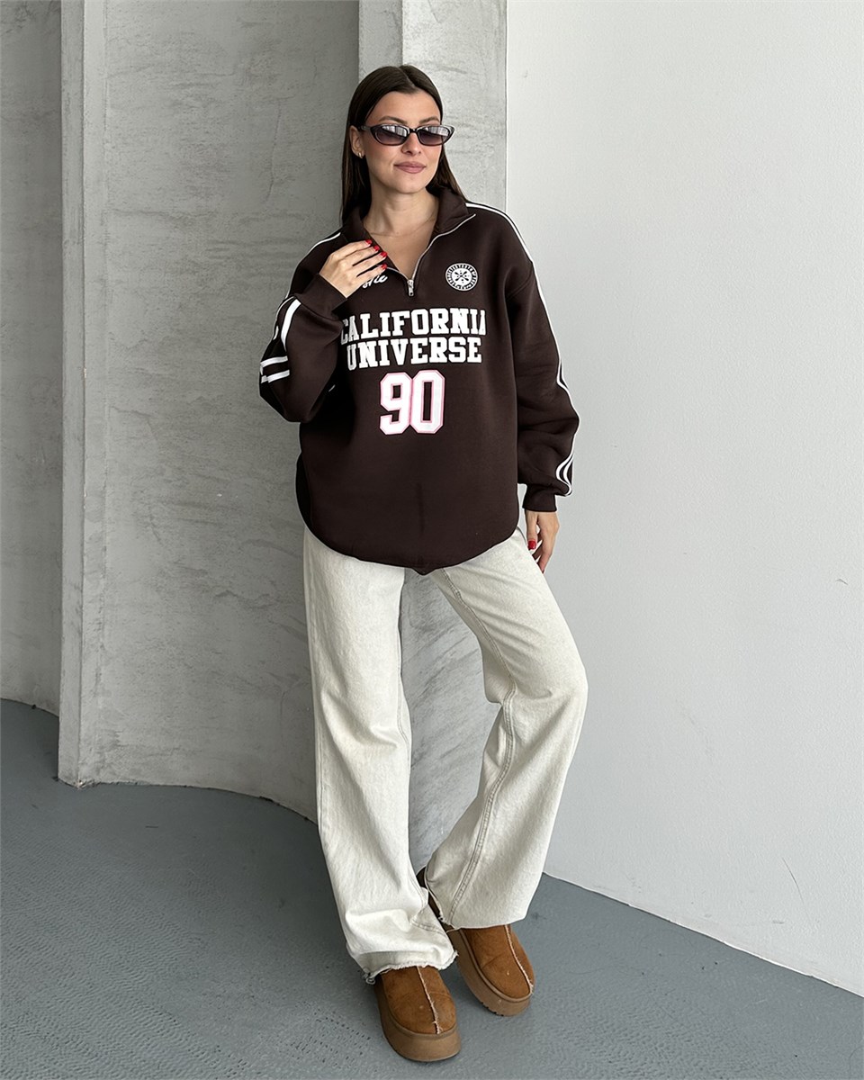 California Baskılı Şeritli Kahverengi Sweatshirt