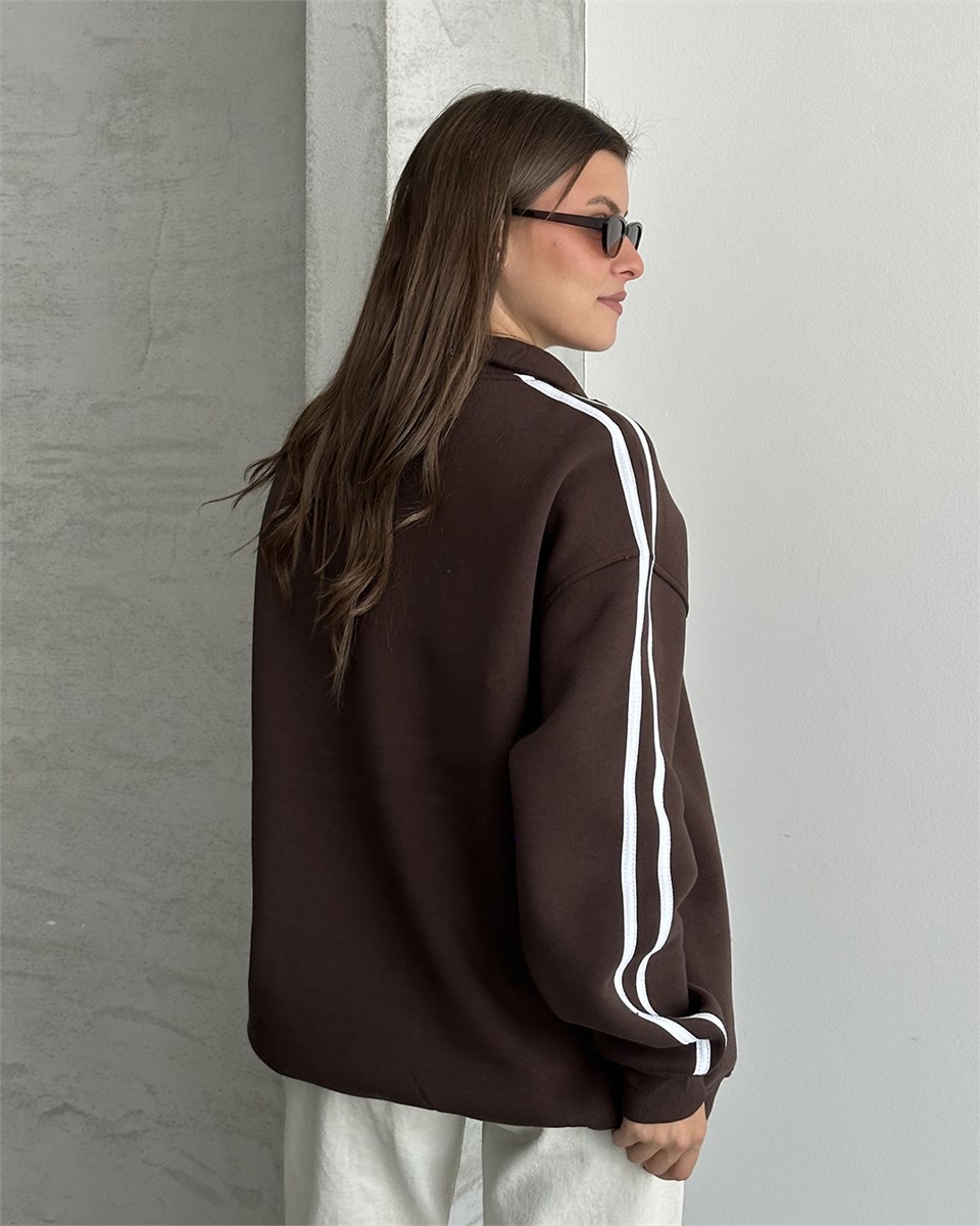 California Baskılı Şeritli Kahverengi Sweatshirt