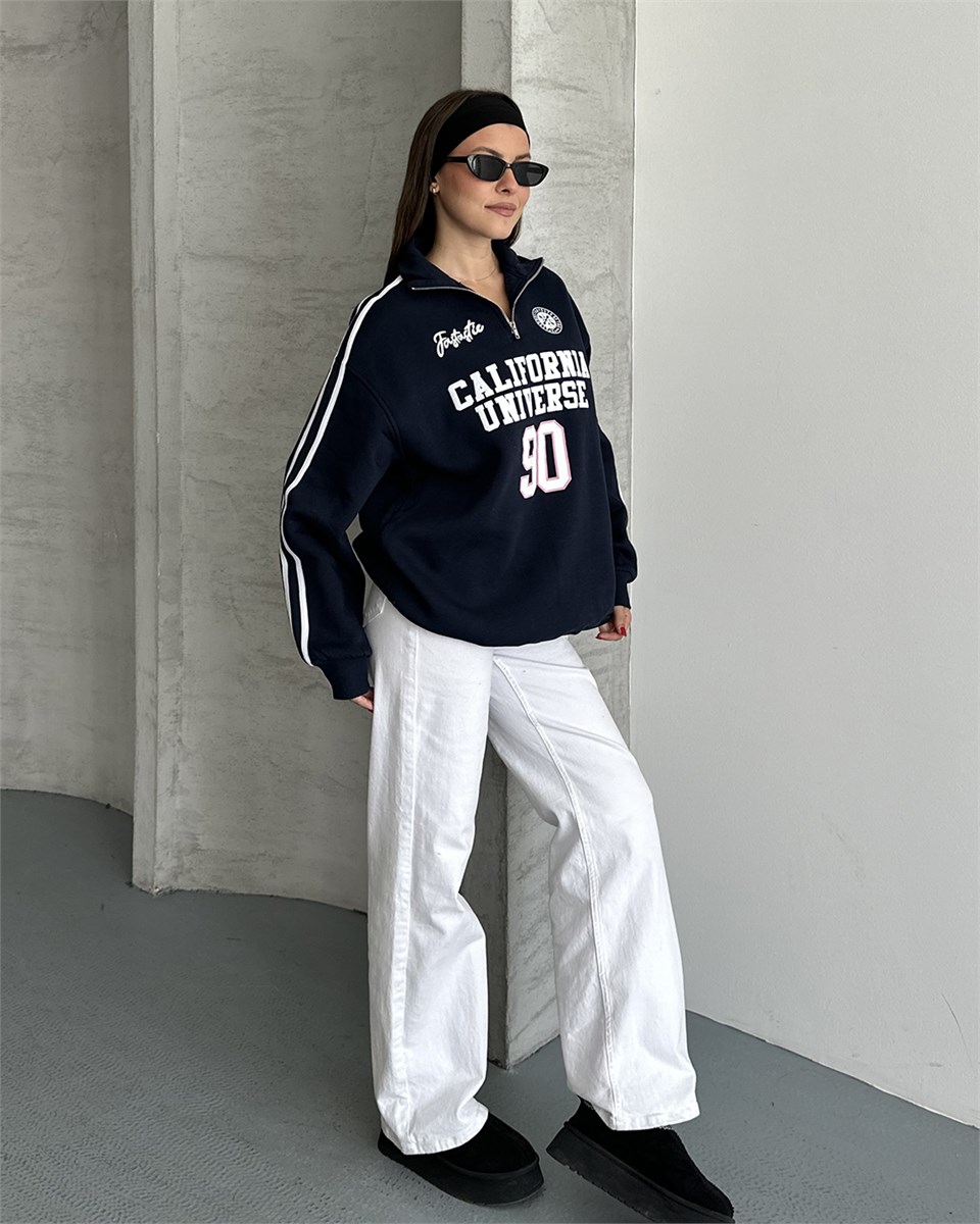 California Baskılı Şeritli Lacivert Sweatshirt