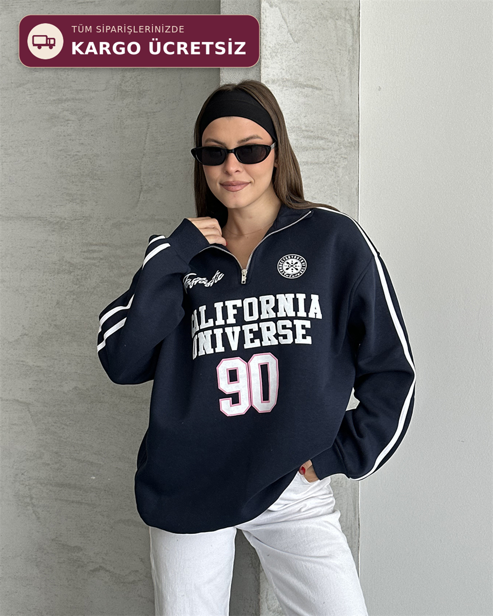 California Baskılı Şeritli Lacivert Sweatshirt