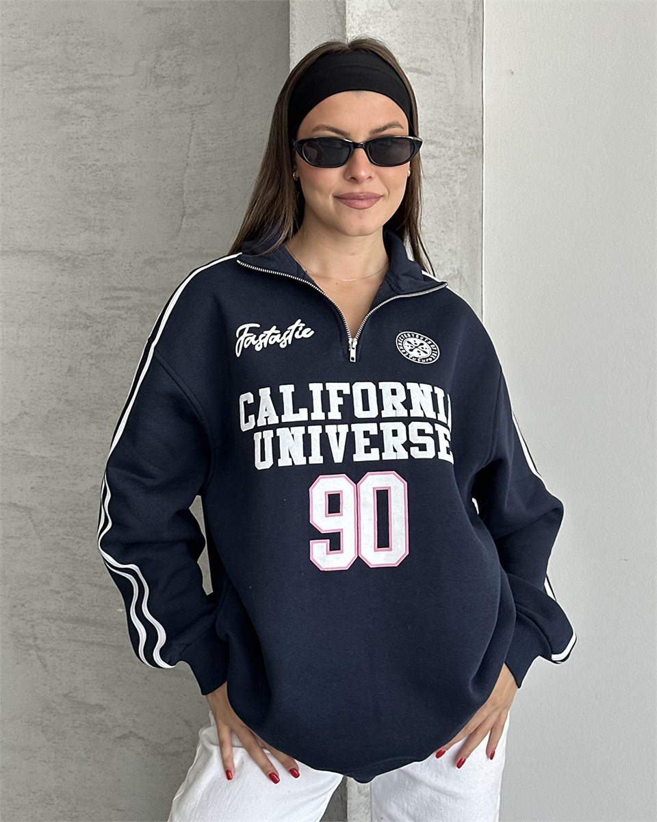 California Baskılı Şeritli Lacivert Sweatshirt
