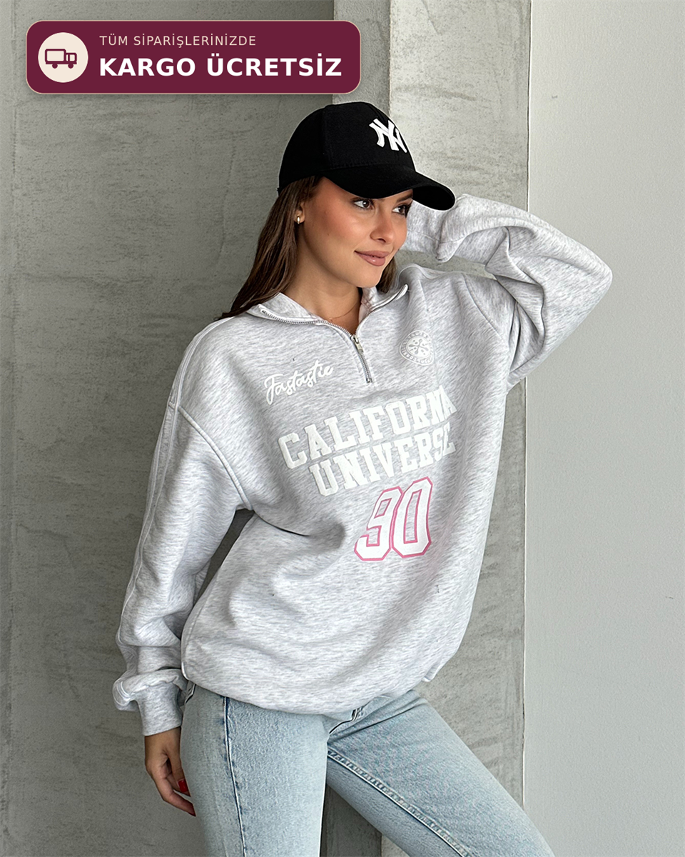 California Baskılı Şeritli Melanj Sweatshirt