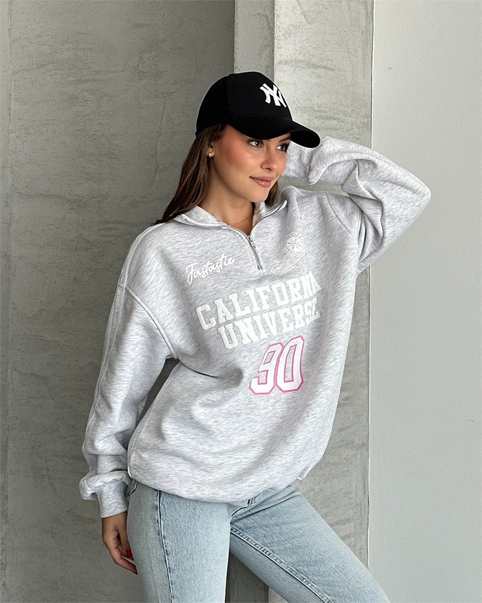 California Baskılı Şeritli Melanj Sweatshirt