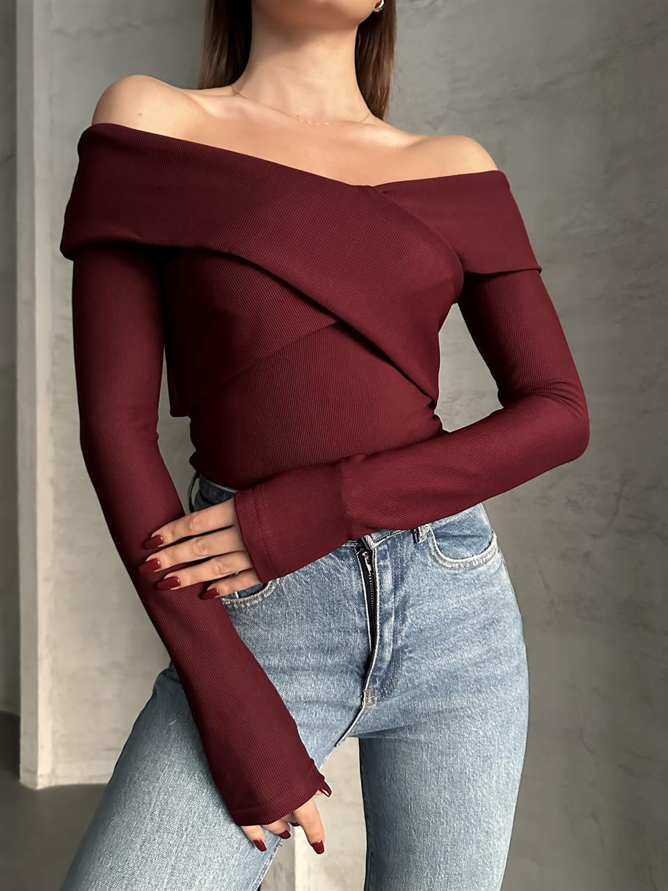 Çapraz Yaka Detay Bordo Bluz