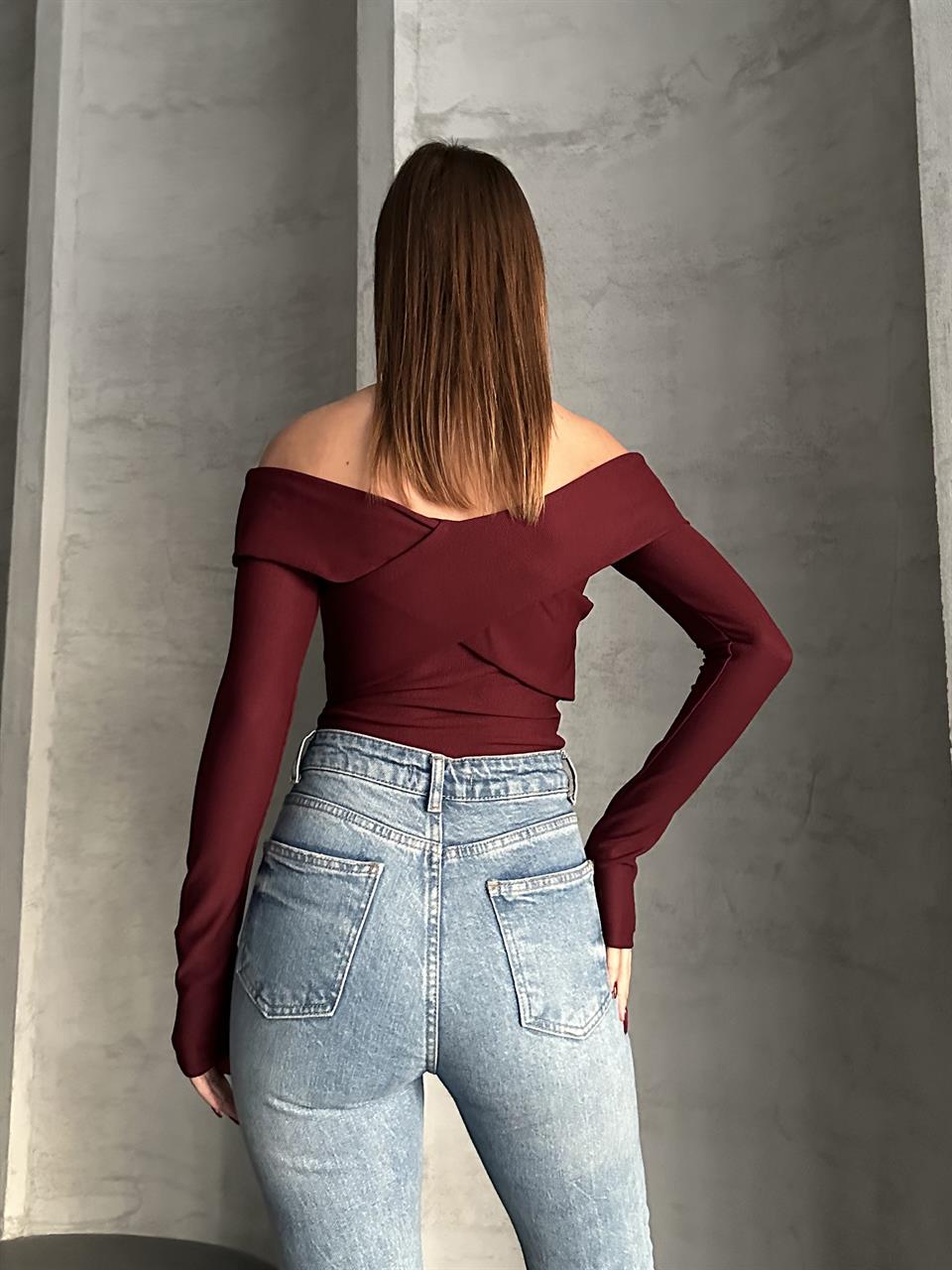 Çapraz Yaka Detay Bordo Bluz
