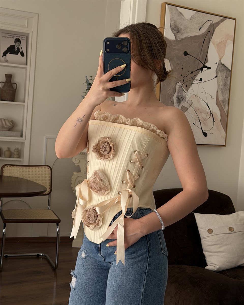 Çiçek Detaylı Vintage Korse Bluz