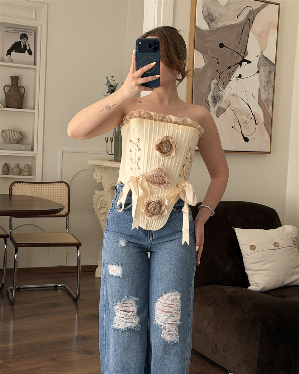 Çiçek Detaylı Vintage Korse Bluz