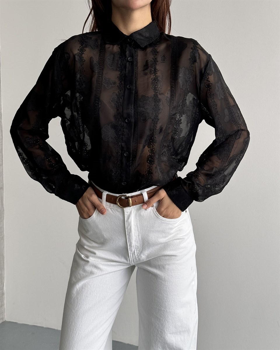 Çiçek Nakışlı Transparan Siyah Gömlek
