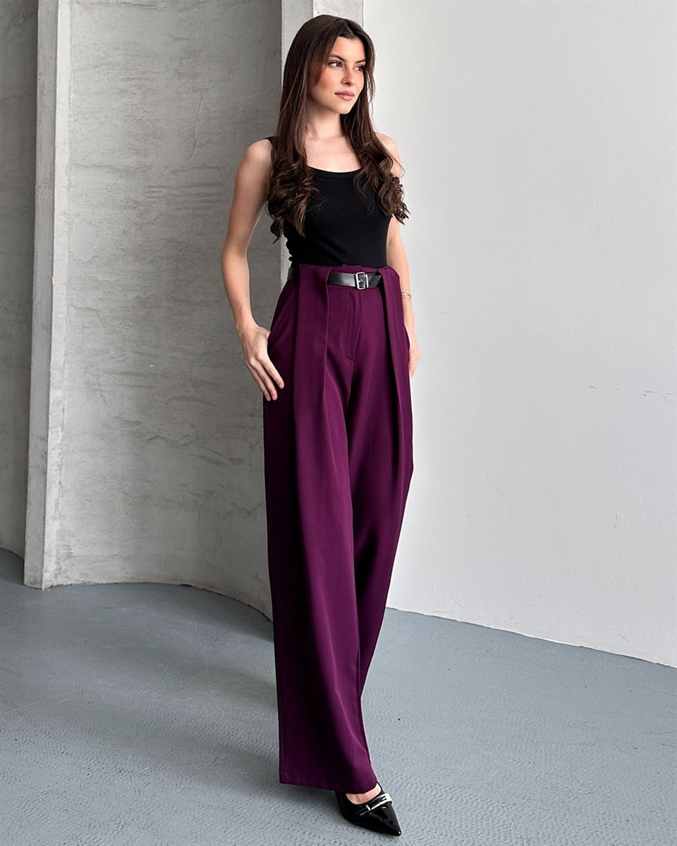 Çift Pileli Kemerli Mürdüm Palazzo Pantolon