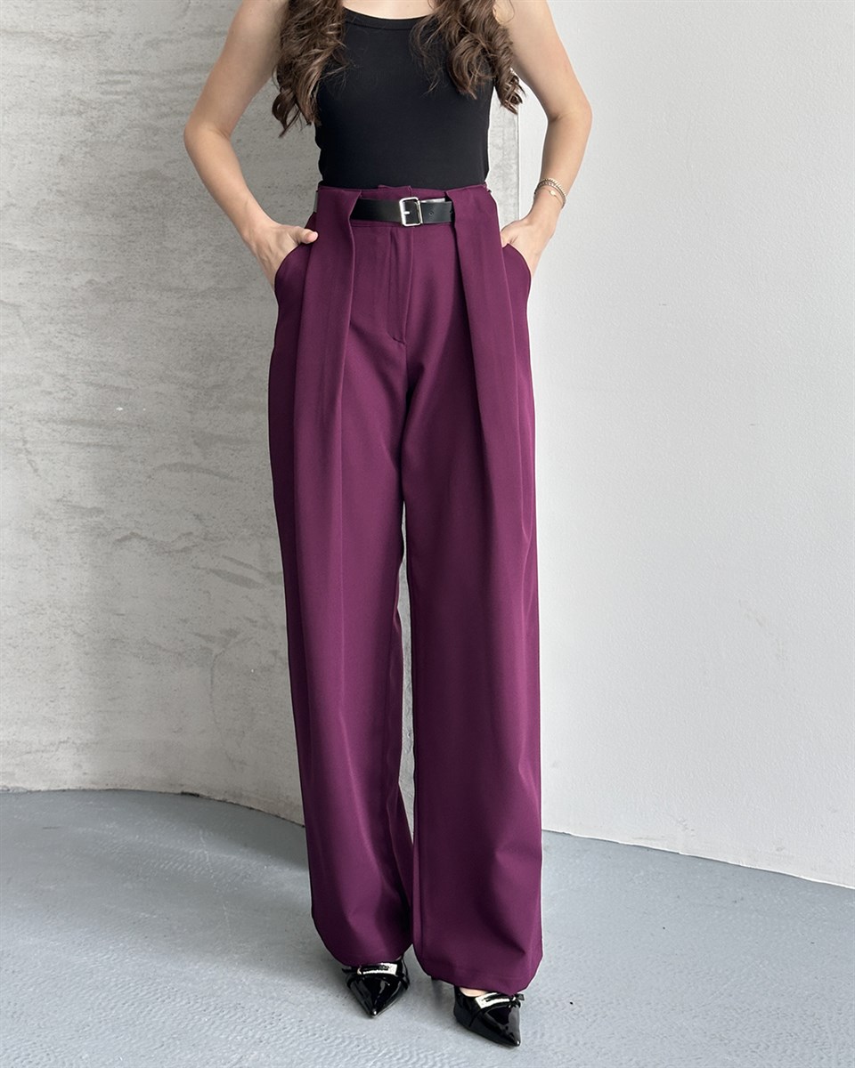 Çift Pileli Kemerli Mürdüm Palazzo Pantolon