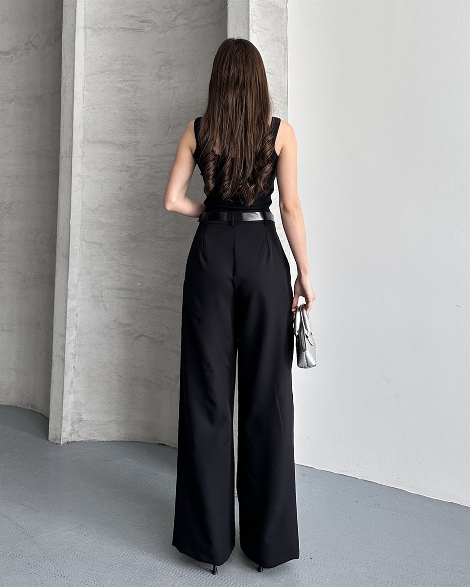 Çift Pileli Kemerli Siyah Palazzo Pantolon