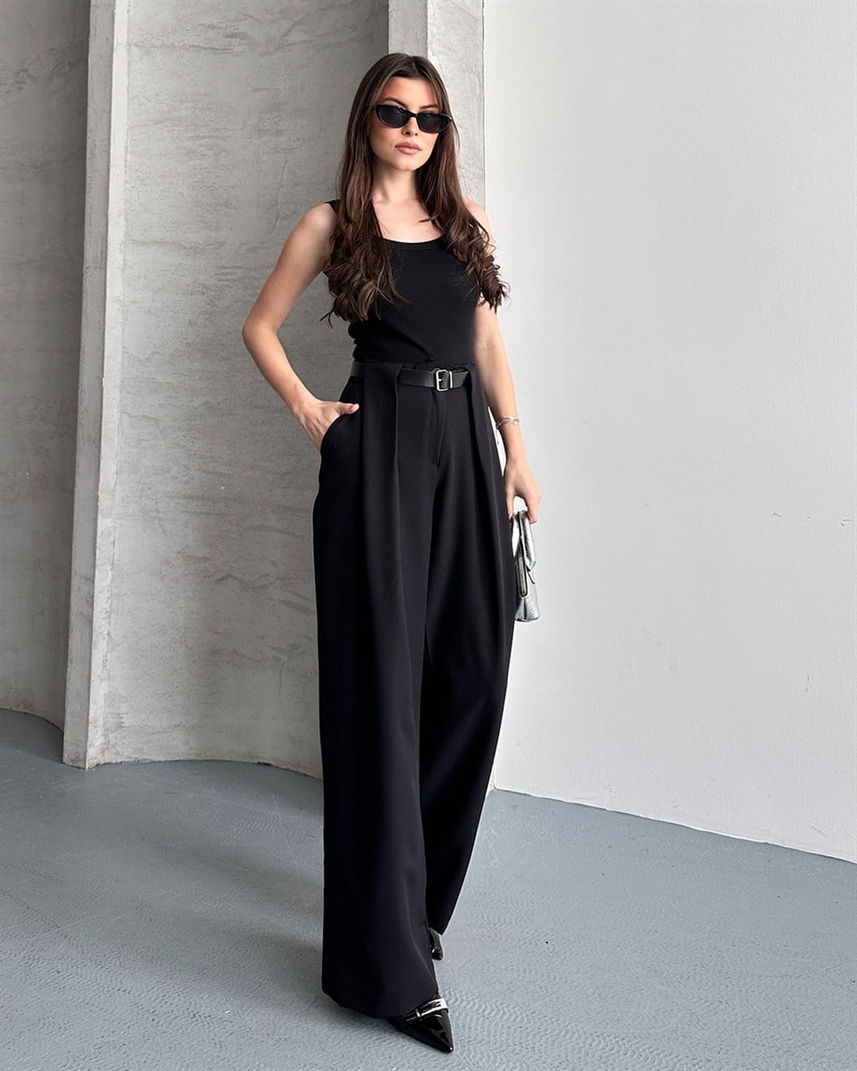 Çift Pileli Kemerli Siyah Palazzo Pantolon