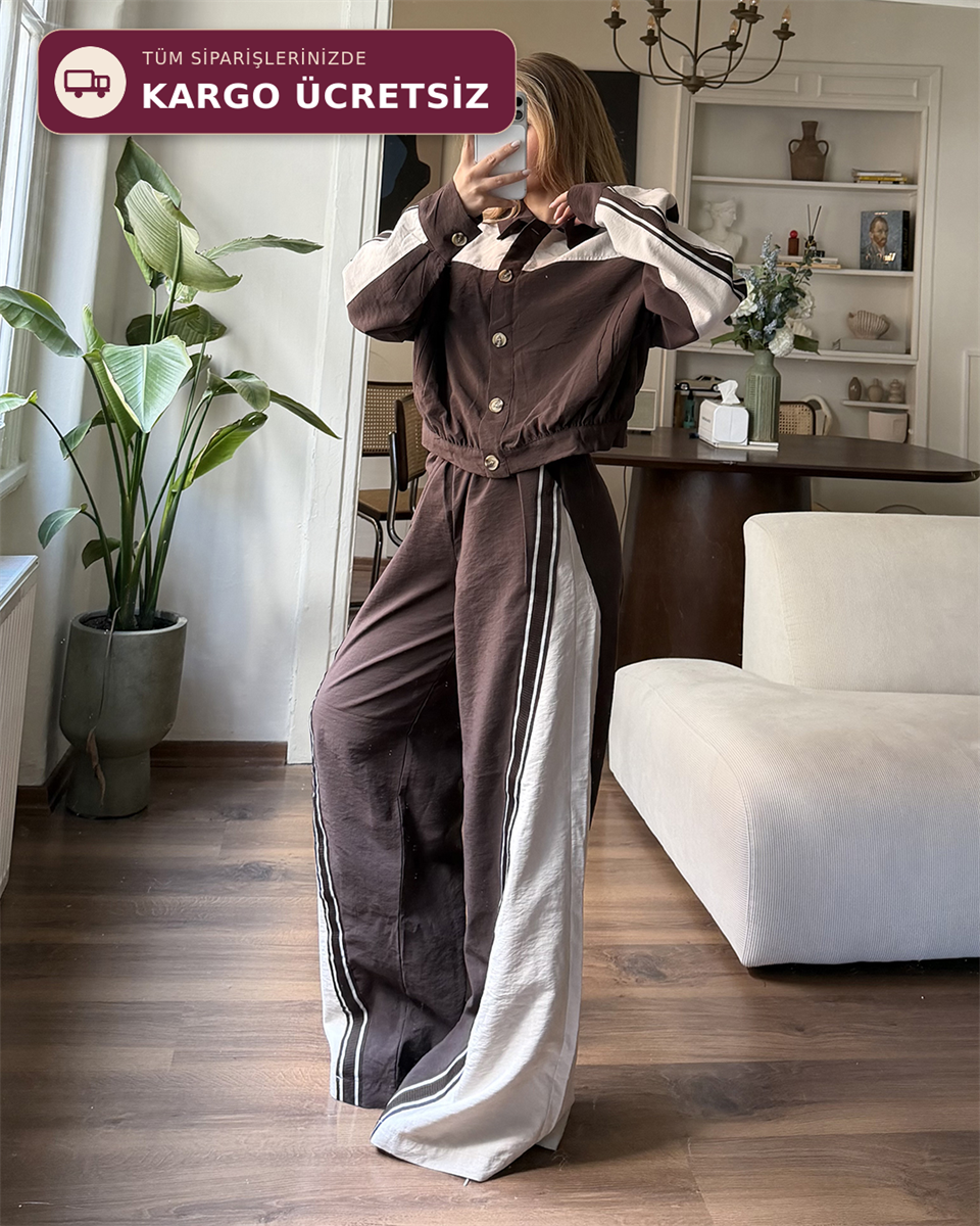 Çift Renk Şeritli Ceket Pantolon Kahverengi İkili Takım