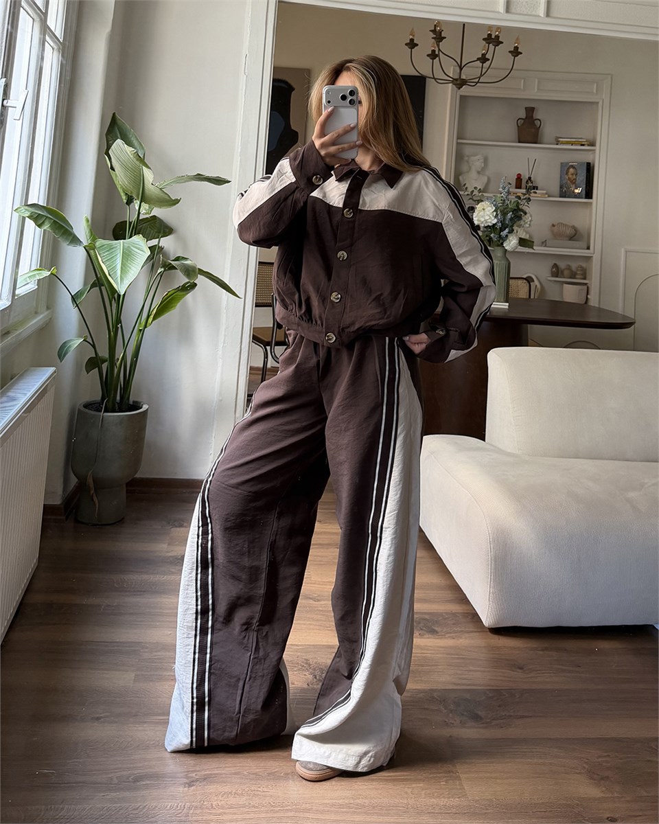 Çift Renk Şeritli Ceket Pantolon Kahverengi İkili Takım