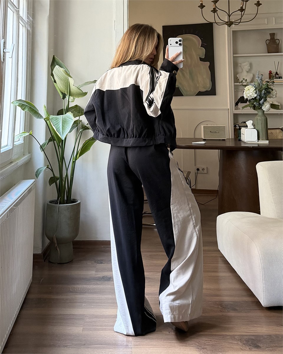 Çift Renk Şeritli Ceket Pantolon Siyah İkili Takım