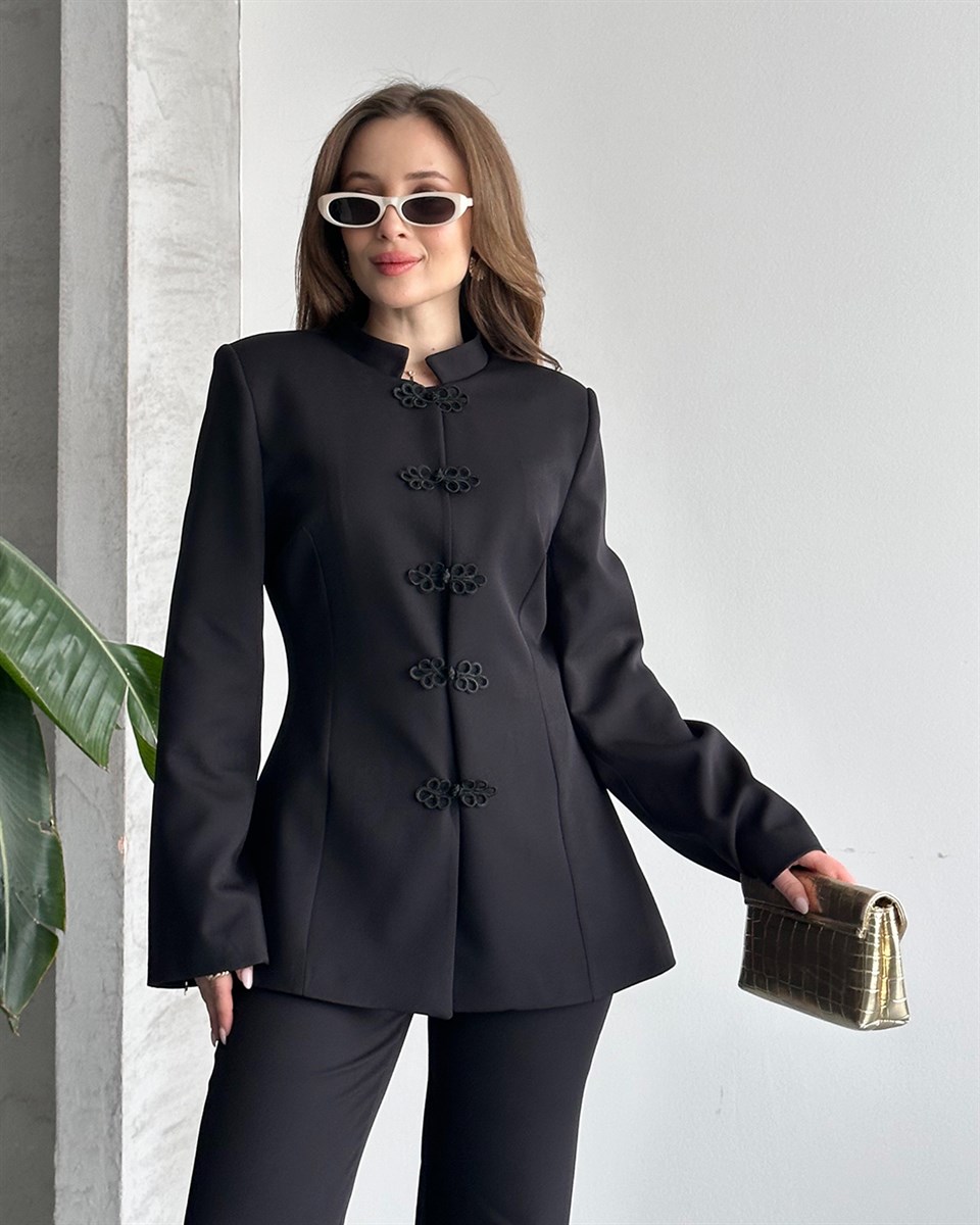 Çin Düğmeli Siyah Ceket Pantolon Takım