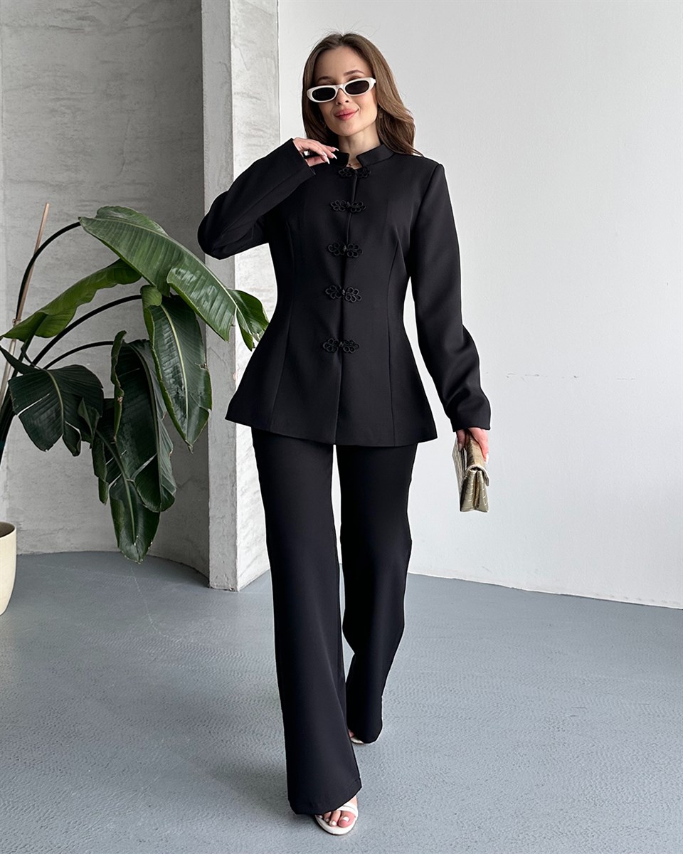 Çin Düğmeli Siyah Ceket Pantolon Takım