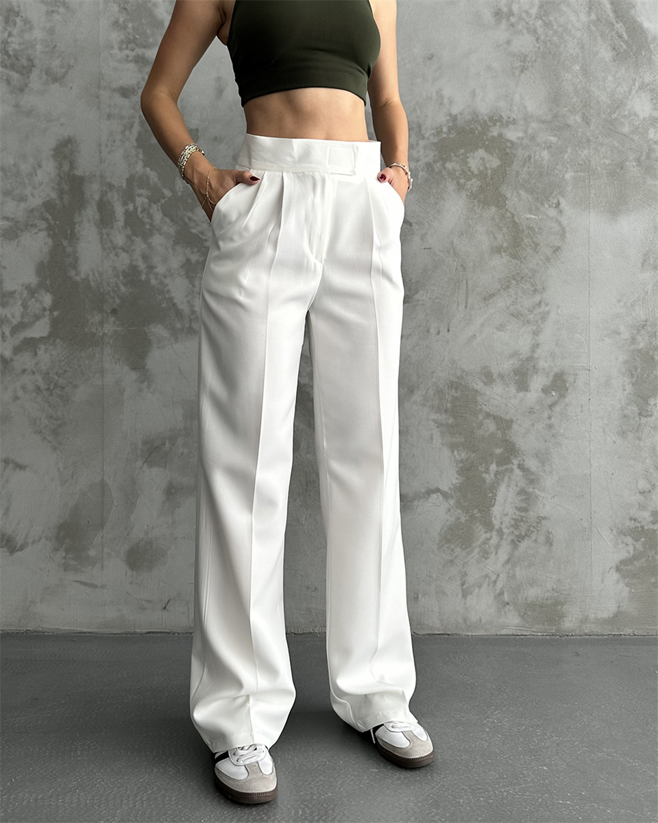 Cırtlı Beyaz Palazzo Pantolon