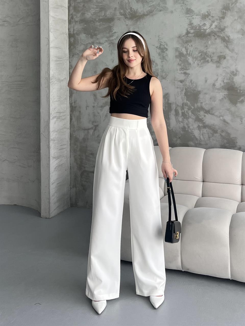 Cırtlı Beyaz Palazzo Pantolon