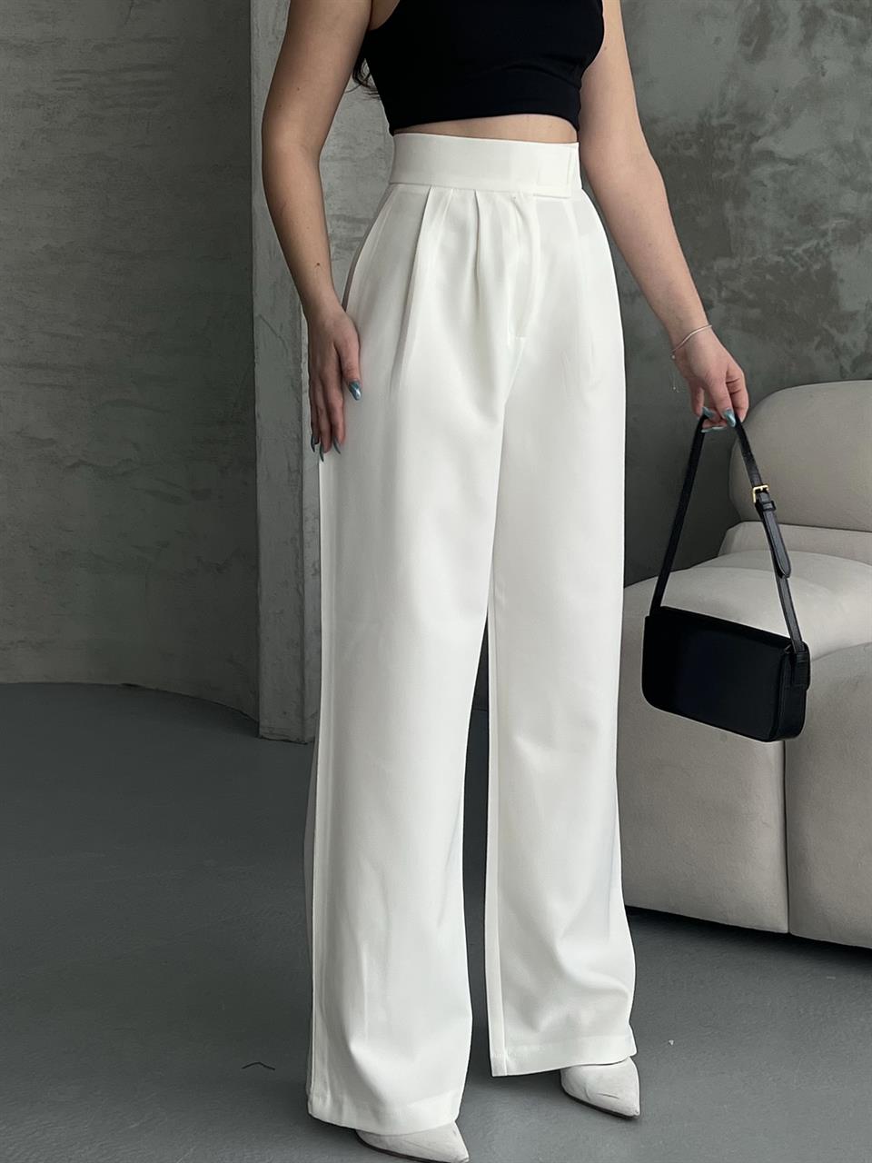 Cırtlı Beyaz Palazzo Pantolon