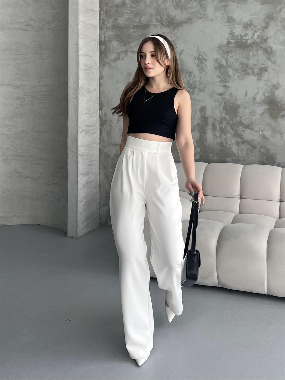 Cırtlı Beyaz Palazzo Pantolon