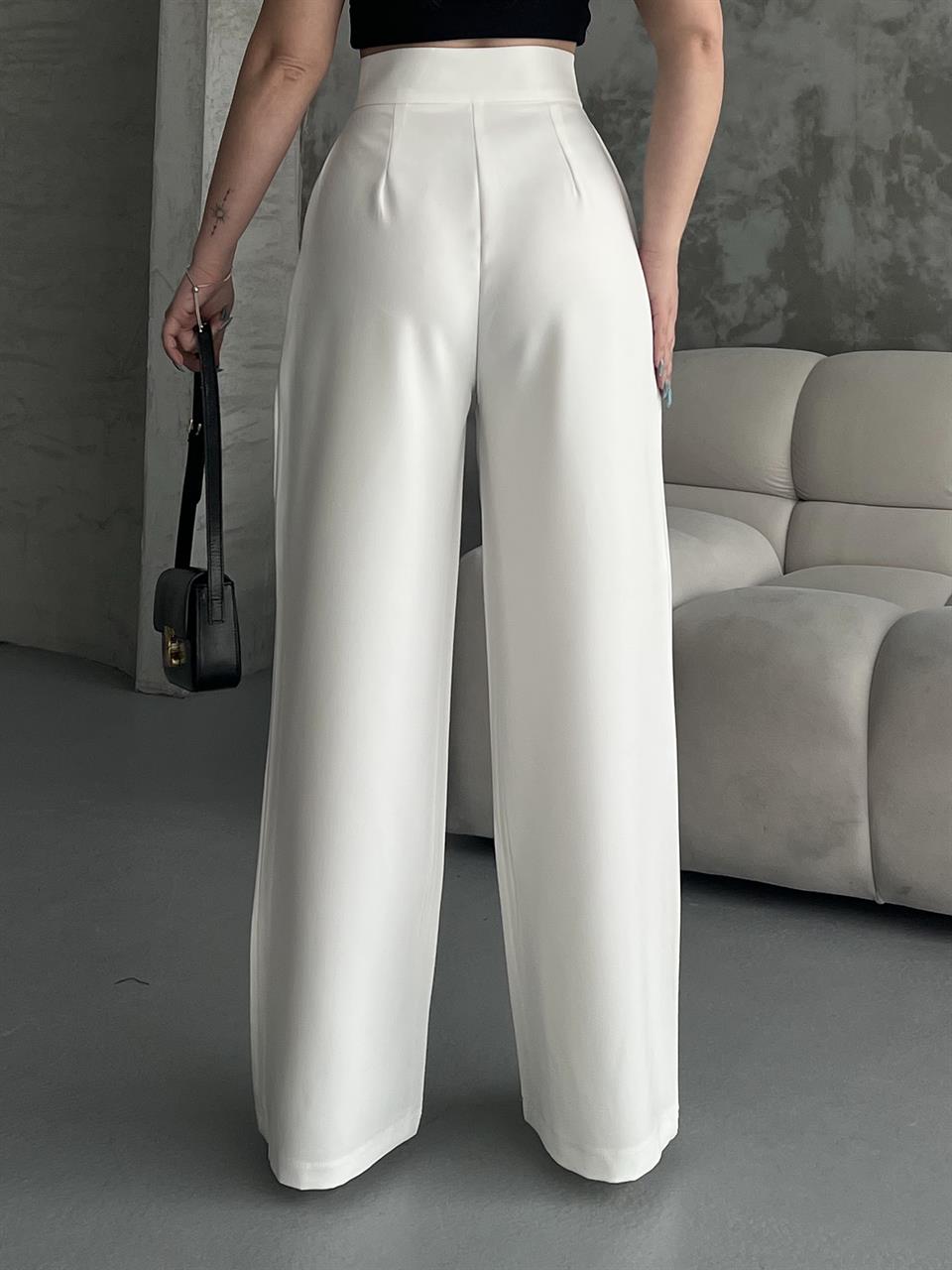 Cırtlı Beyaz Palazzo Pantolon