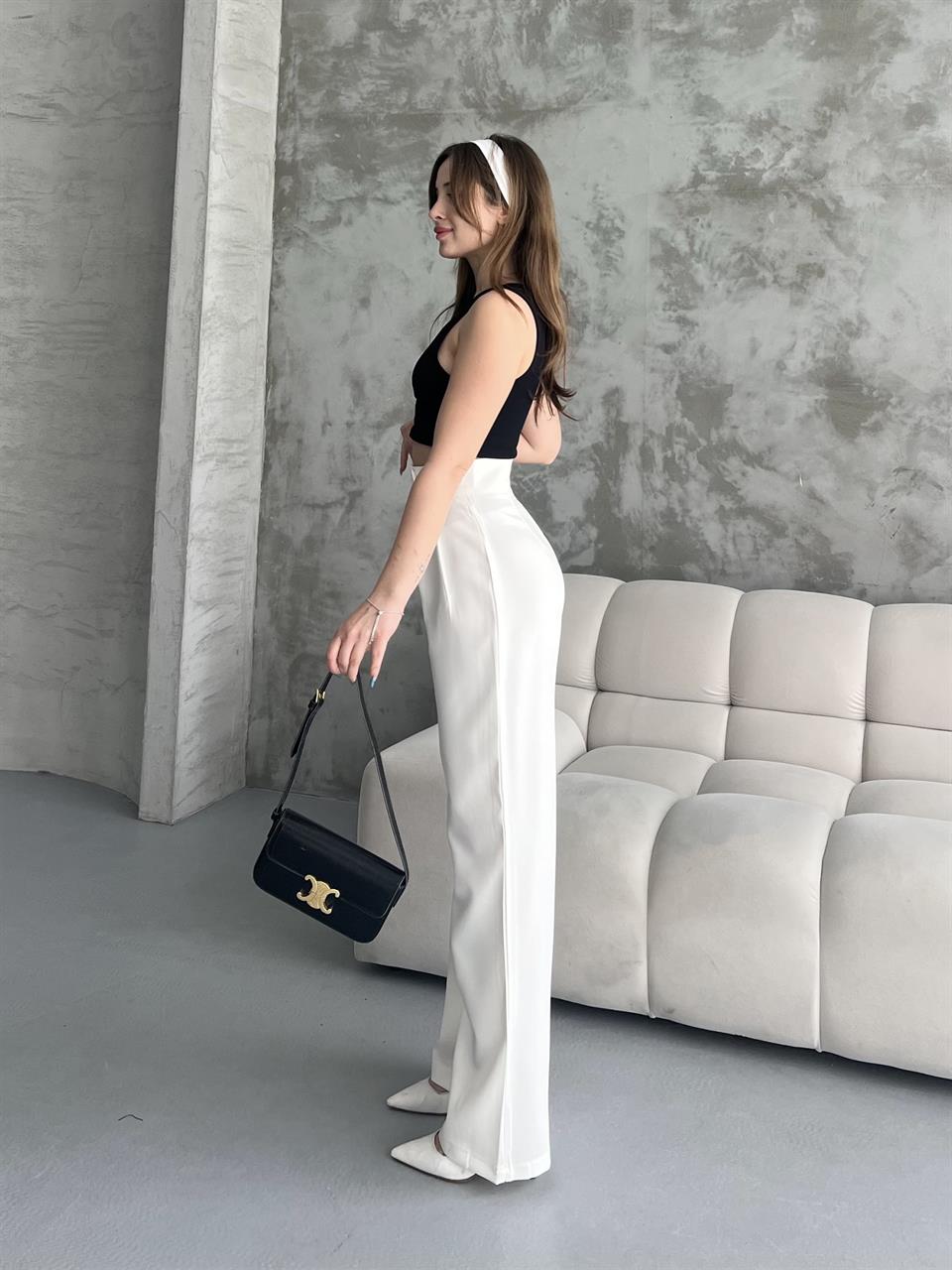 Cırtlı Beyaz Palazzo Pantolon