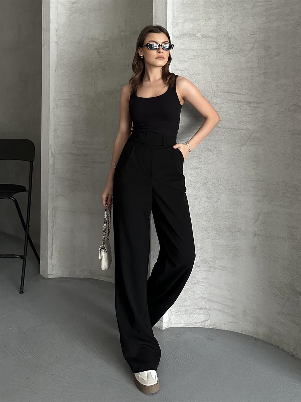 Cırtlı Siyah Palazzo Pantolon