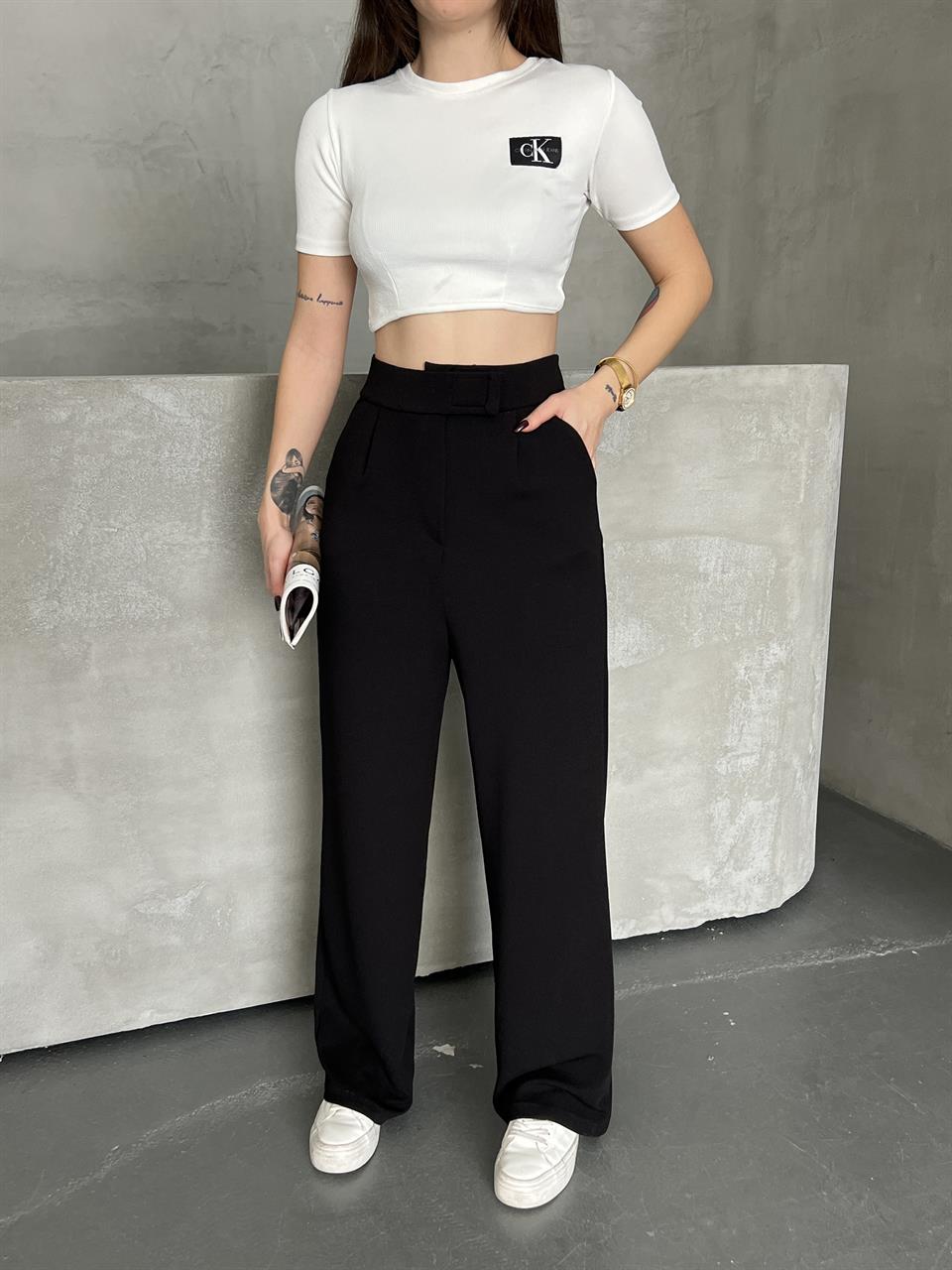 Cırtlı Siyah Palazzo Pantolon