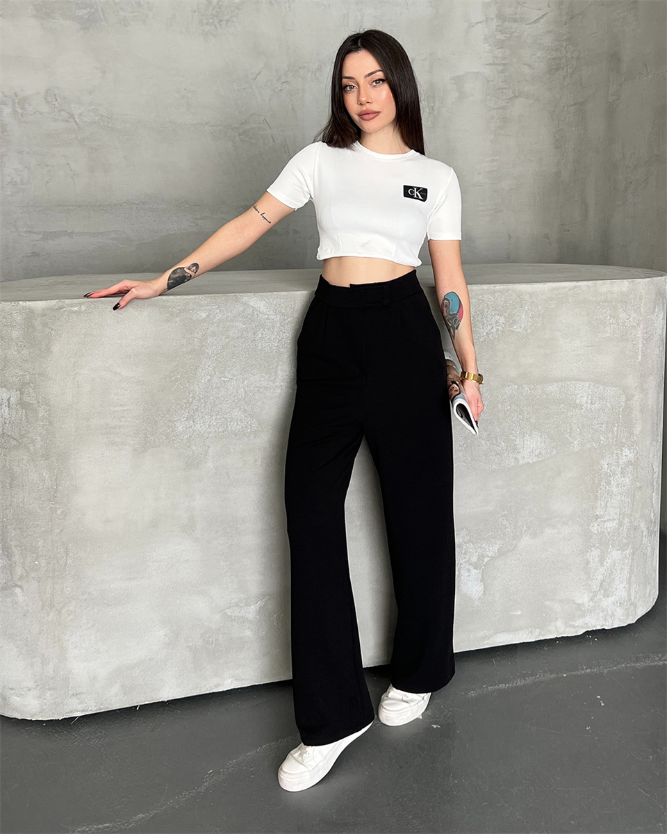 Cırtlı Siyah Palazzo Pantolon