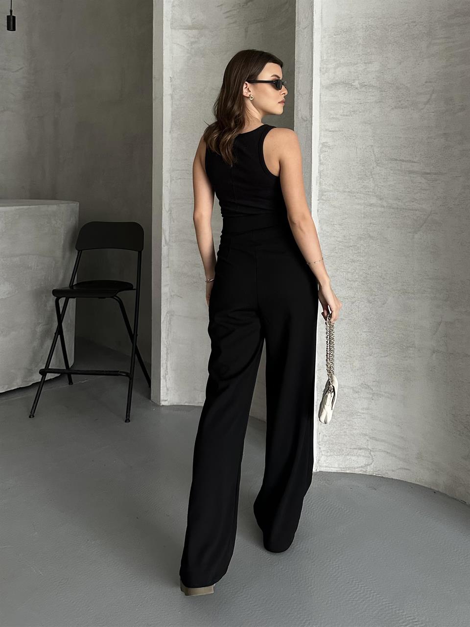 Cırtlı Siyah Palazzo Pantolon