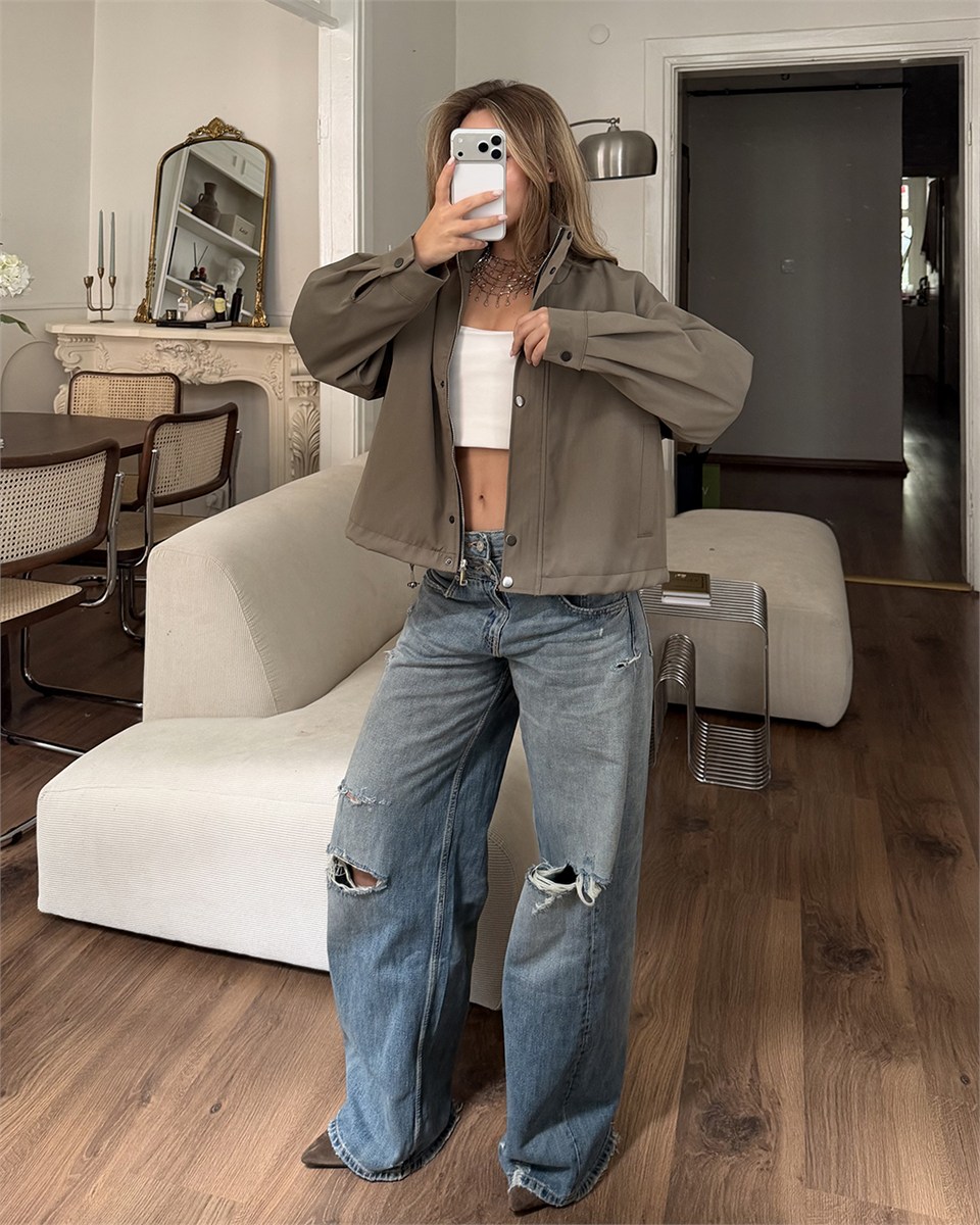 Çıtçıtlı Haki Trenç Bomber Ceket