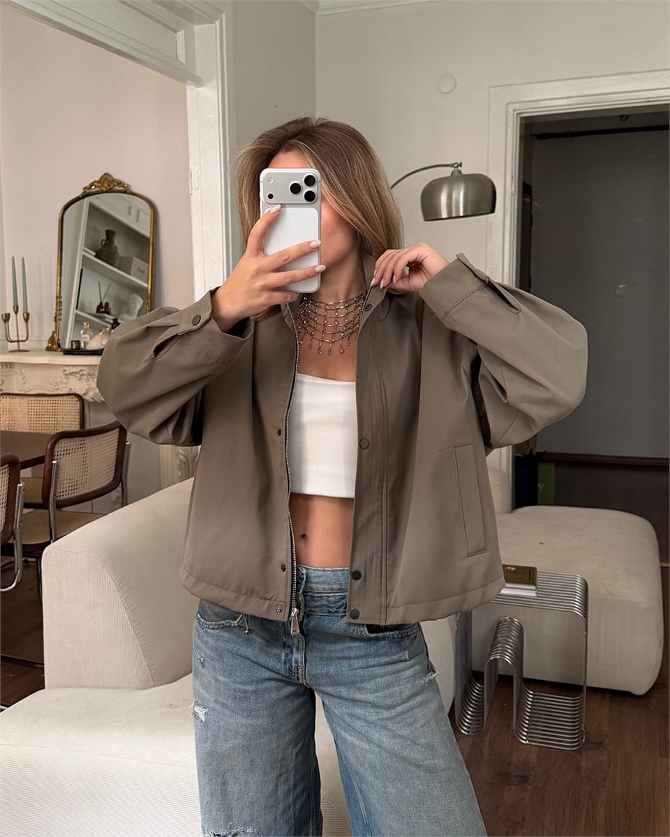 Çıtçıtlı Haki Trenç Bomber Ceket