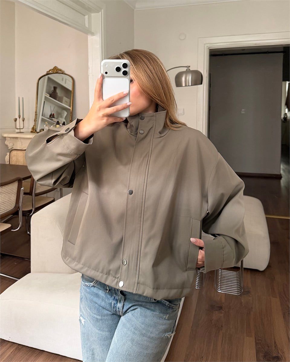 Çıtçıtlı Haki Trenç Bomber Ceket