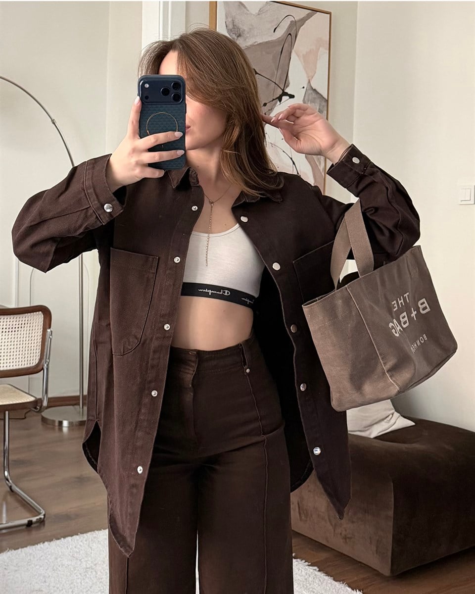 Çıtçıtlı Kahverengi Kot Gömlek